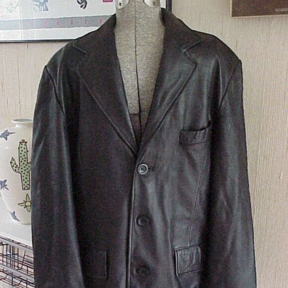 Black Leather Blazer Jacket Coat Size L/Large Men's - Sally & John New York - Picture 3 of 7